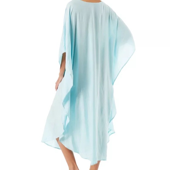 Baby Blue Embroidered Cotton Kaftan Kimono Maxi Dress, Light Blue Maxi Caftan - Picture 3 of 5